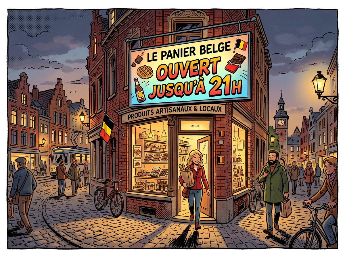 Belgian shop Le Panier Belge open until 21h with people and bicycles on cobblestone street