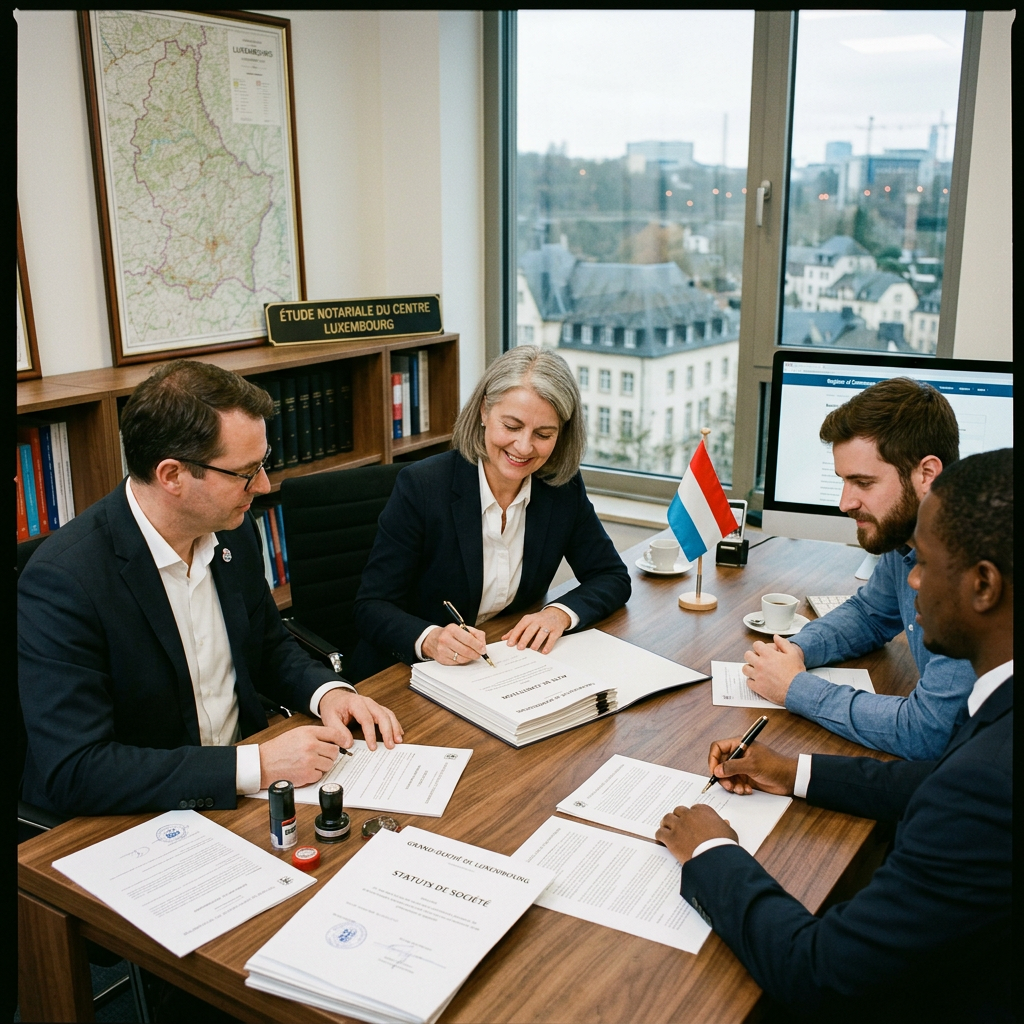 Four people seated around a table signing official documents in an office with a Luxembourg flag